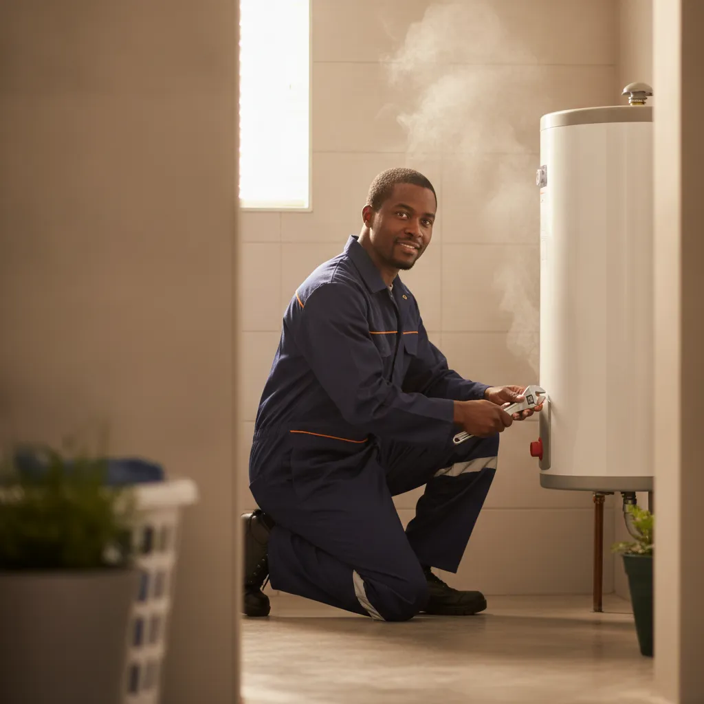 Certified South African plumber attending to a geyser in Sandton