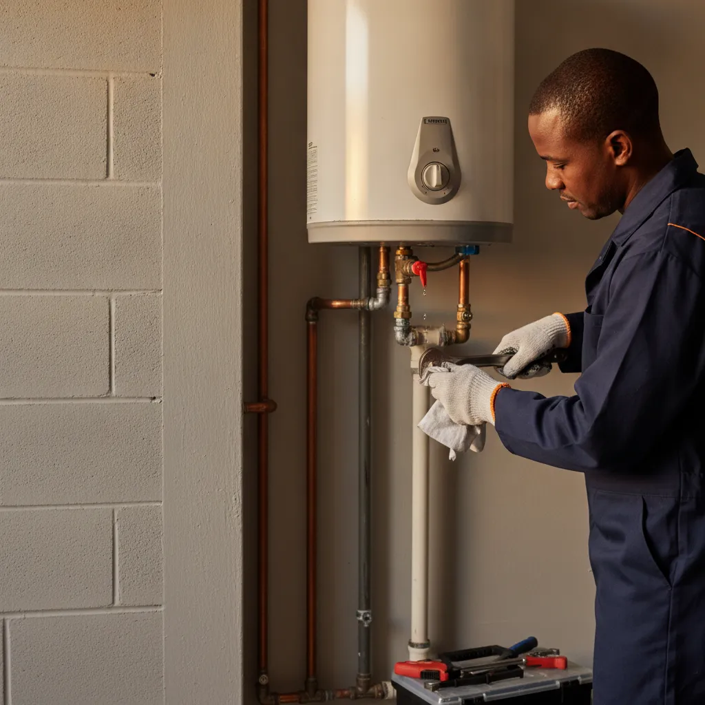 Certified South African plumber attending to a geyser in Fourways